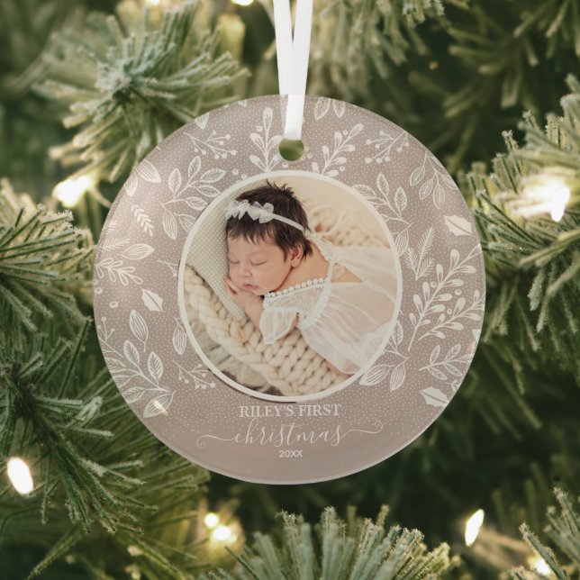 Baby's First Christmas Photo Taupe Glass Tree Decoration (Insitu)