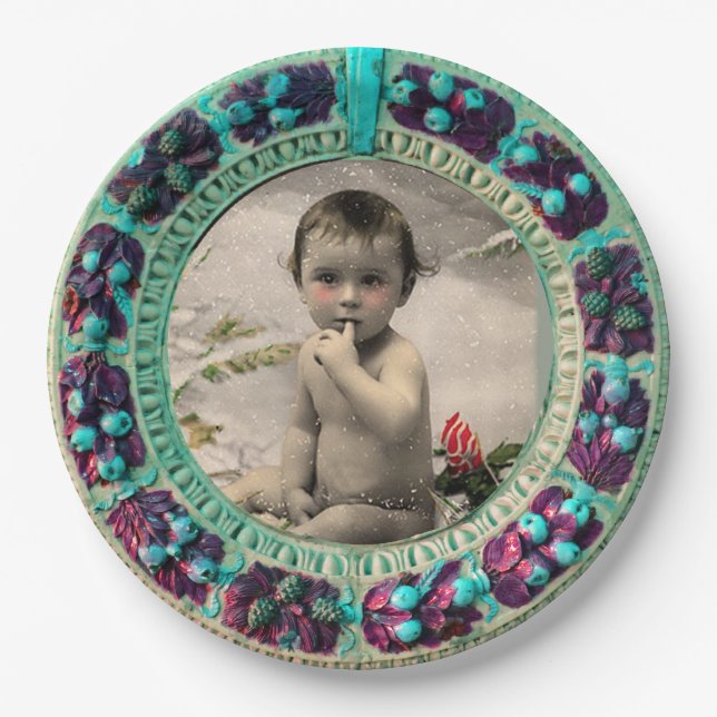 BABY'S FIRST CHRISTMAS PHOTO TEMPLATE BLUE PAPER PLATE (Front)