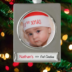 Baby's First Christmas Photo Template Name Year Silver Plated Banner Ornament