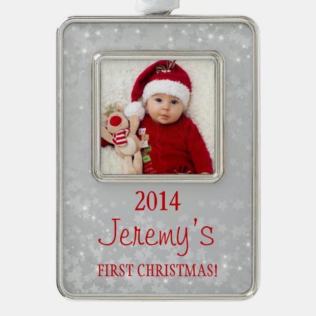 Baby's First Christmas Photo Template Silver Red Silver Plated Framed Ornament (Front)