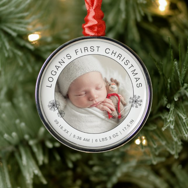 Baby's First Christmas Photo with Birth Stats Metal Tree Decoration (Tree)