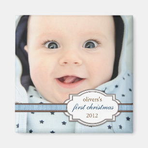 Baby's First Christmas Photo with Faux Ribbon Blue Magnet