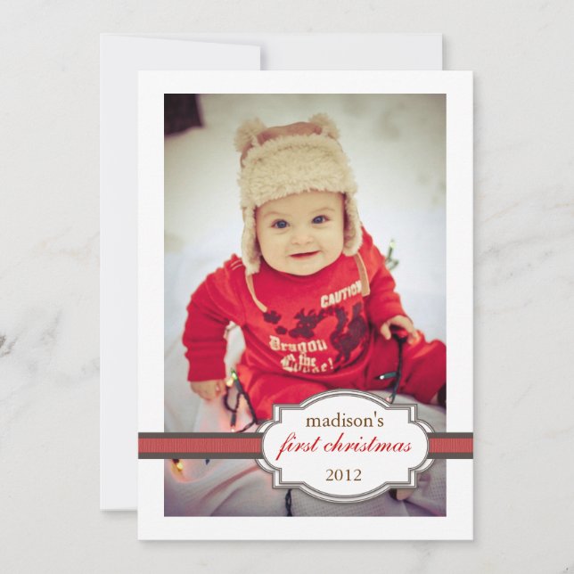 Baby's First Christmas Photo with Faux Ribbon Red Holiday Card (Front)