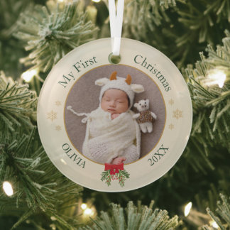 Baby's First Christmas Photo with Name & Date Glass Tree Decoration