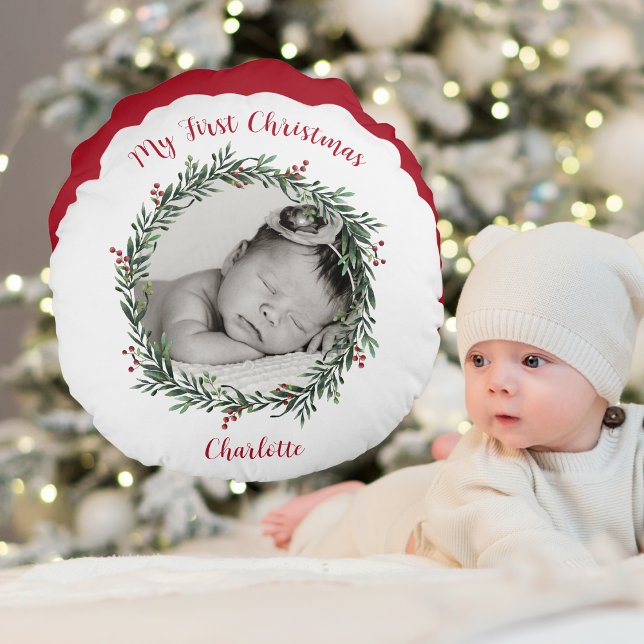 Baby's First Christmas, Photo With Name Round Cushion (Baby's First Christmas, Photo With Name Round Pillow)