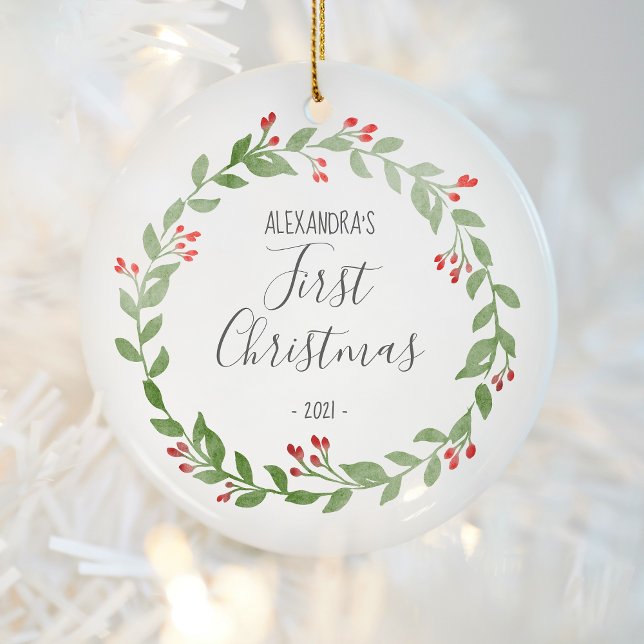 Baby's First Christmas Photo Wreath Grey Ceramic Tree Decoration (Creator Uploaded)