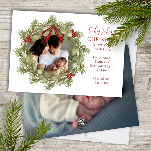 Baby's First Christmas Photo Wreath Holiday Card (Baby's first Christmas photo greeting card with a two-photo template. )