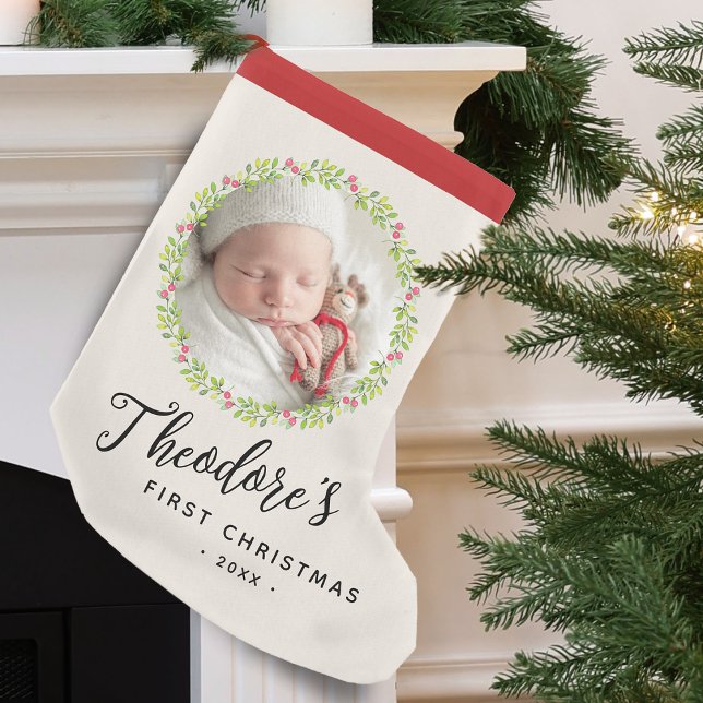 Baby's First Christmas Photo Wreath Name Keepsake Small Christmas Stocking (Baby's First Christmas Photo Wreath Name Small Christmas Stocking)