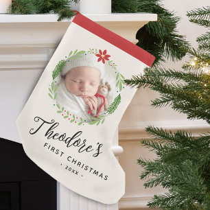 Baby's First Christmas Photo Wreath Name Small Christmas Stocking