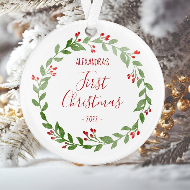 Baby's First Christmas Photo Wreath Red Text Ornament (Creator Uploaded)