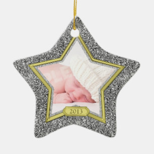 Baby's First Christmas Photo Xmas Silver Gold Star Ceramic Tree Decoration