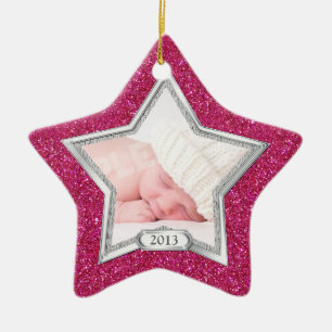 Baby's First Christmas Photo Xmas Silver Pink Star Ceramic Tree Decoration