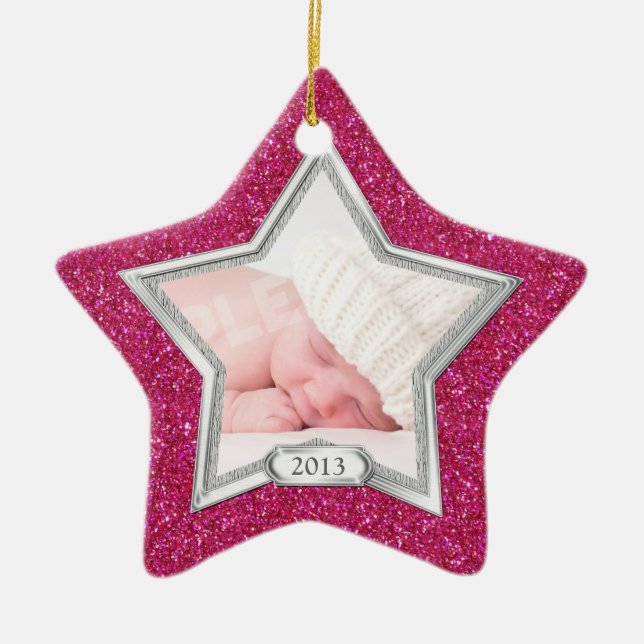 Baby's First Christmas Photo Xmas Silver Pink Star Ceramic Tree Decoration (Front)