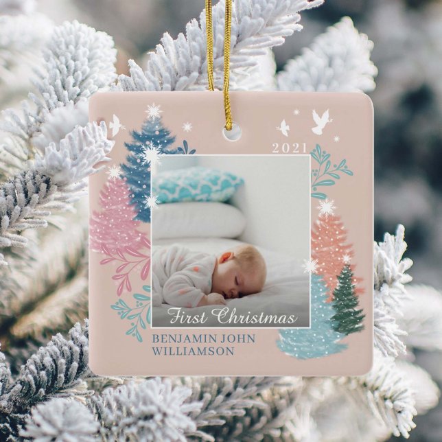 Baby's First Christmas Pine Tree Forest Photo Ceramic Ornament (Creator Uploaded)