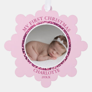 Baby's First Christmas Pink Girl   Message & PHOTO Tree Decoration Card