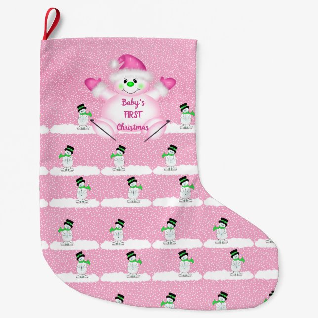 Baby's First Christmas Pink Large Christmas Stocking (Front)
