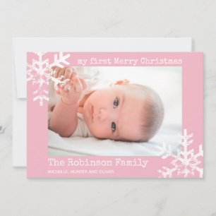 Baby's First Christmas Pink Photo with Snowflakes Holiday Card