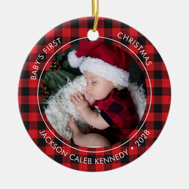 Baby's First Christmas Plaid 2 Photo Ornament  (Front)