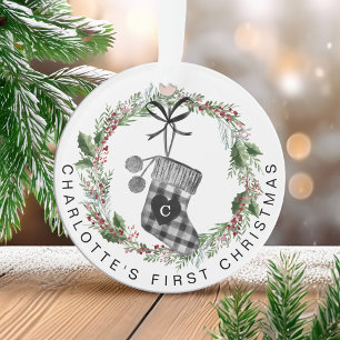Baby's First Christmas Plaid Stocking Wreath Photo Ornament