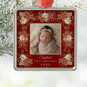 Baby's First Christmas Poinsettia Photo Metal Tree Decoration