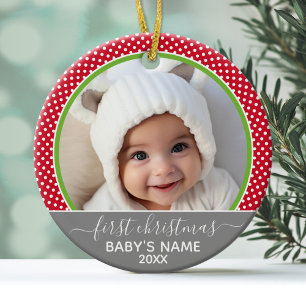 Babys First Christmas - polka dots photo Ceramic Tree Decoration