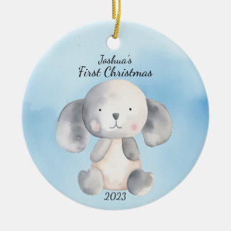 Baby's First Christmas Puppy Blue Personalised Ceramic Tree Decoration