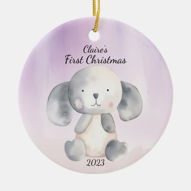 Baby's First Christmas Puppy Blue Personalised Ceramic Tree Decoration (Front)