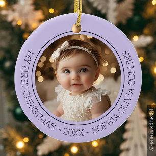 Baby's First Christmas Purple Modern Photo Newborn Ceramic Tree Decoration