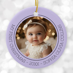 Baby's First Christmas Purple Modern Photo Newborn Ceramic Tree Decoration