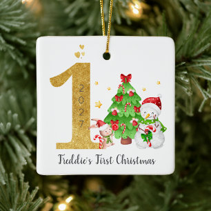 Baby's First Christmas Rabbit Snowman Ceramic Ornament