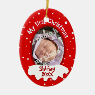 Baby's First Christmas Red Add Your Picture Name Ceramic Tree Decoration