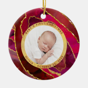 Baby's First Christmas Red and Gold Geode Photo Ceramic Tree Decoration