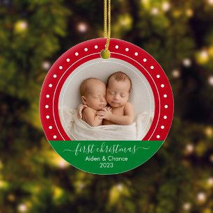 Baby's First Christmas Red and Green Dots Ceramic Tree Decoration