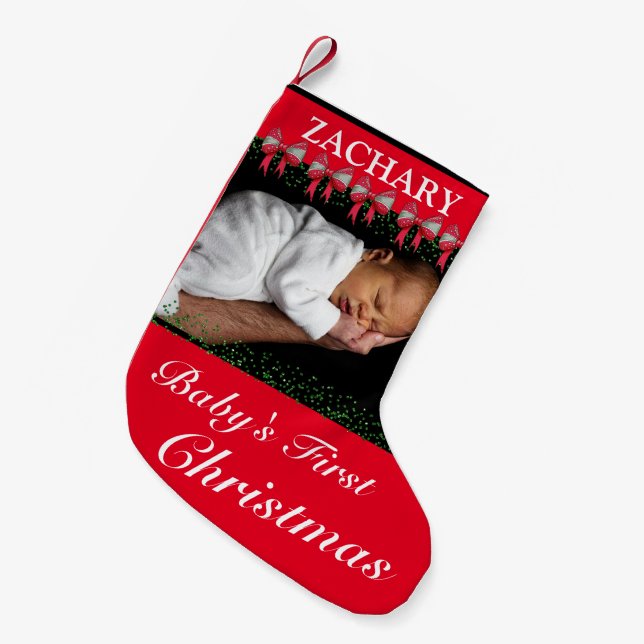 Baby's First Christmas Red Bows & Photo Small Christmas Stocking (Front (Hanging))