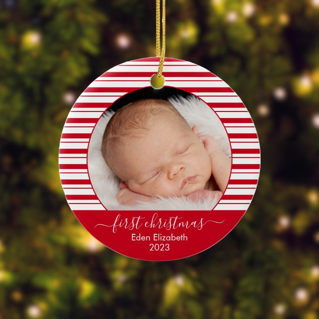Baby's First Christmas Red Candy Cane Ceramic Tree Decoration (Personalized Christmas Ornament)