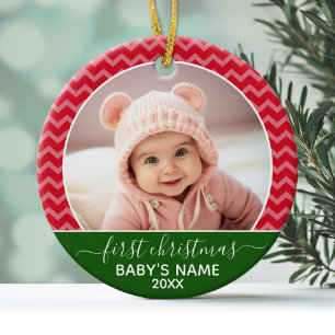 Babys First Christmas red chevrons and green photo Glass Tree Decoration