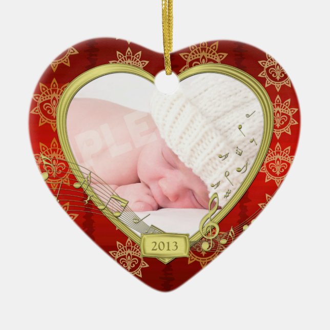 Baby's First Christmas Red Gold Photo Heart Ceramic Tree Decoration (Front)