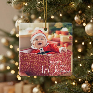 Baby's First Christmas Red Gold Santa Photo Orname Ceramic Ornament