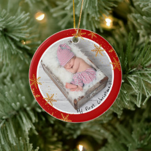 Babys First Christmas Red Gold Snowflakes Photo Ceramic Tree Decoration