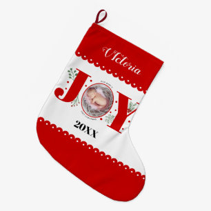 Baby's First Christmas Red Joy and berries photo Large Christmas Stocking