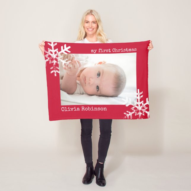 Baby's First Christmas Red Photo with Snowflakes Fleece Blanket (In Situ)