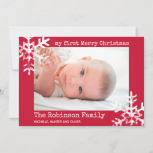 Baby's First Christmas Red Photo with Snowflakes Holiday Card