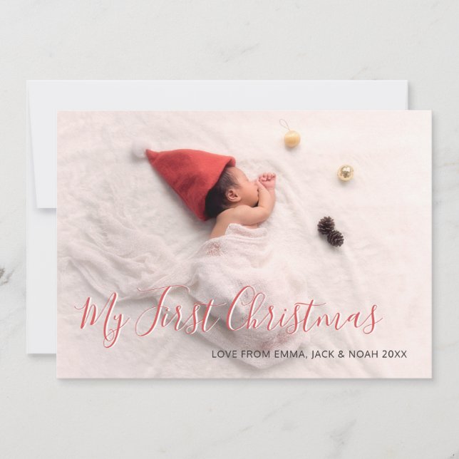 Babys First Christmas Red Script Family Photo Holiday Card (Front)