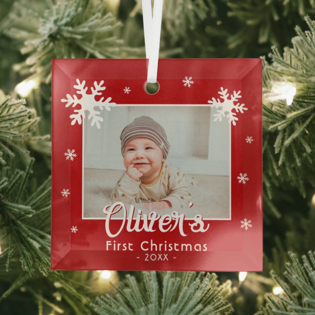 Baby's First Christmas Red Snowflakes Photo  Glass Tree Decoration (Insitu)