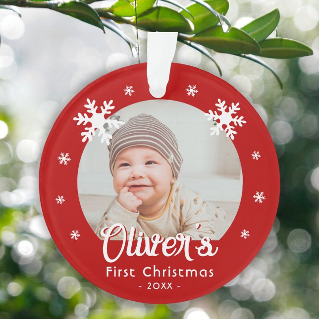 Baby's First Christmas Red Snowflakes Photo Ornament (Creator Uploaded)