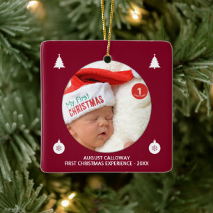 Baby's First Christmas Red White Custom Name Photo Ceramic Ornament