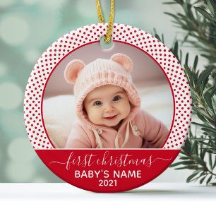 Babys First Christmas - red White Polka Dots Ceramic Tree Decoration