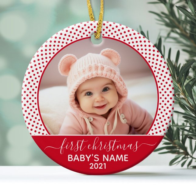 Babys First Christmas - red White Polka Dots Ceramic Tree Decoration (Personalized Photo Ornament - Baby's First Christmas)