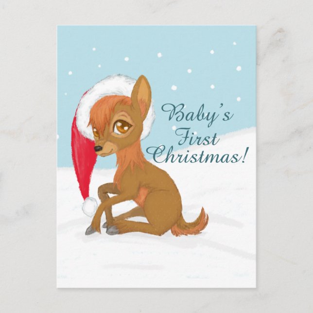 Baby's First Christmas (Reindeer) Holiday Postcard (Front)