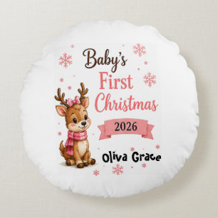 Baby's First Christmas Reindeer Personalised Round Cushion